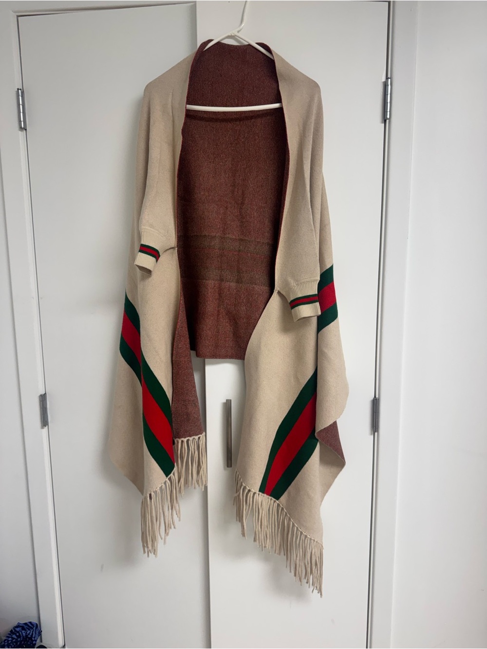 Beige Fringe Wrap Sweater with Green & Red Stripes